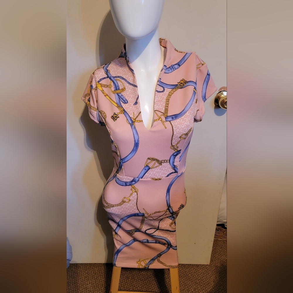 Symphony Pink and Blue Chain Print Midi Dress
